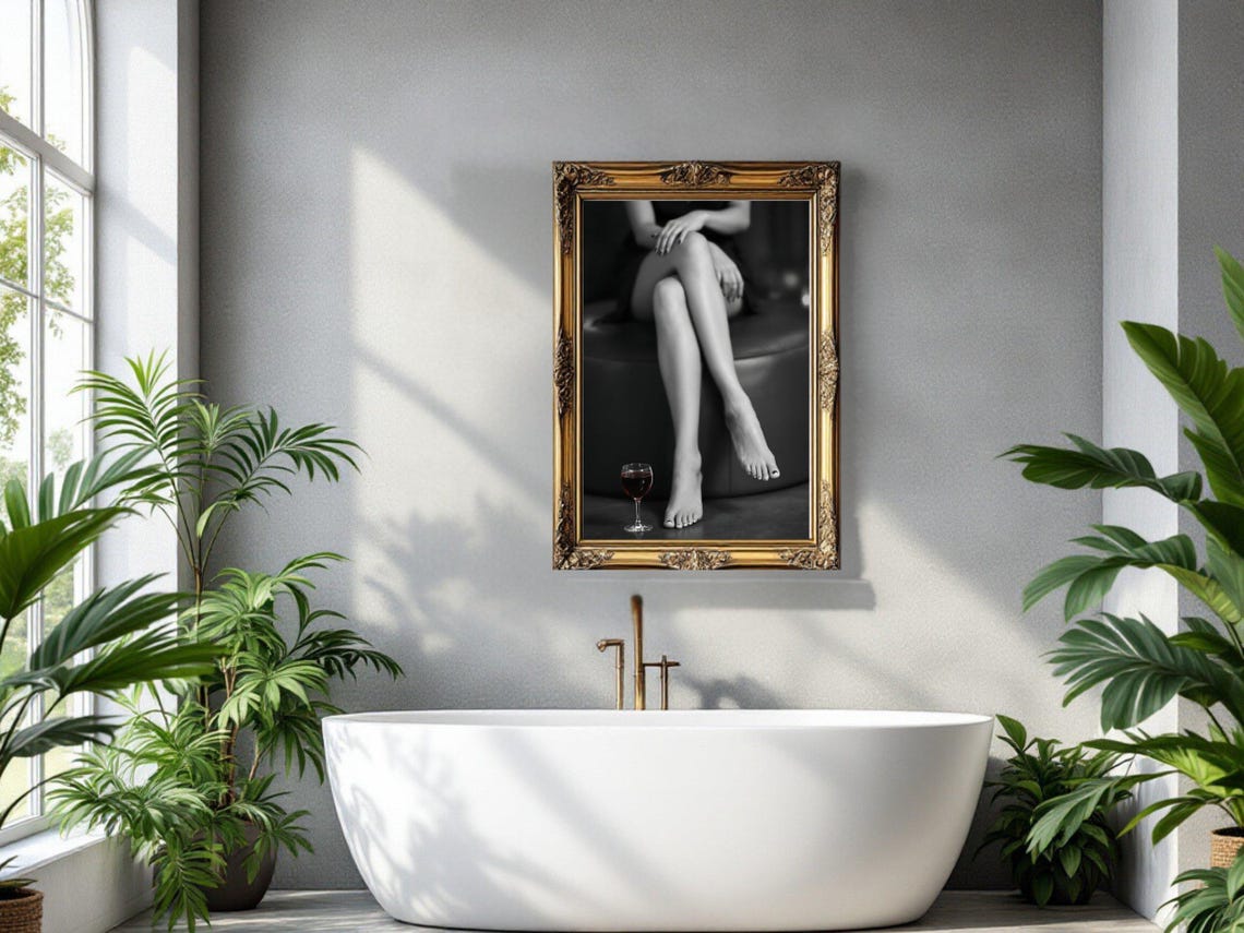 Barefoot Woman's Crossed Legs with Glass of Red Wine, B&W Poster - Image 2