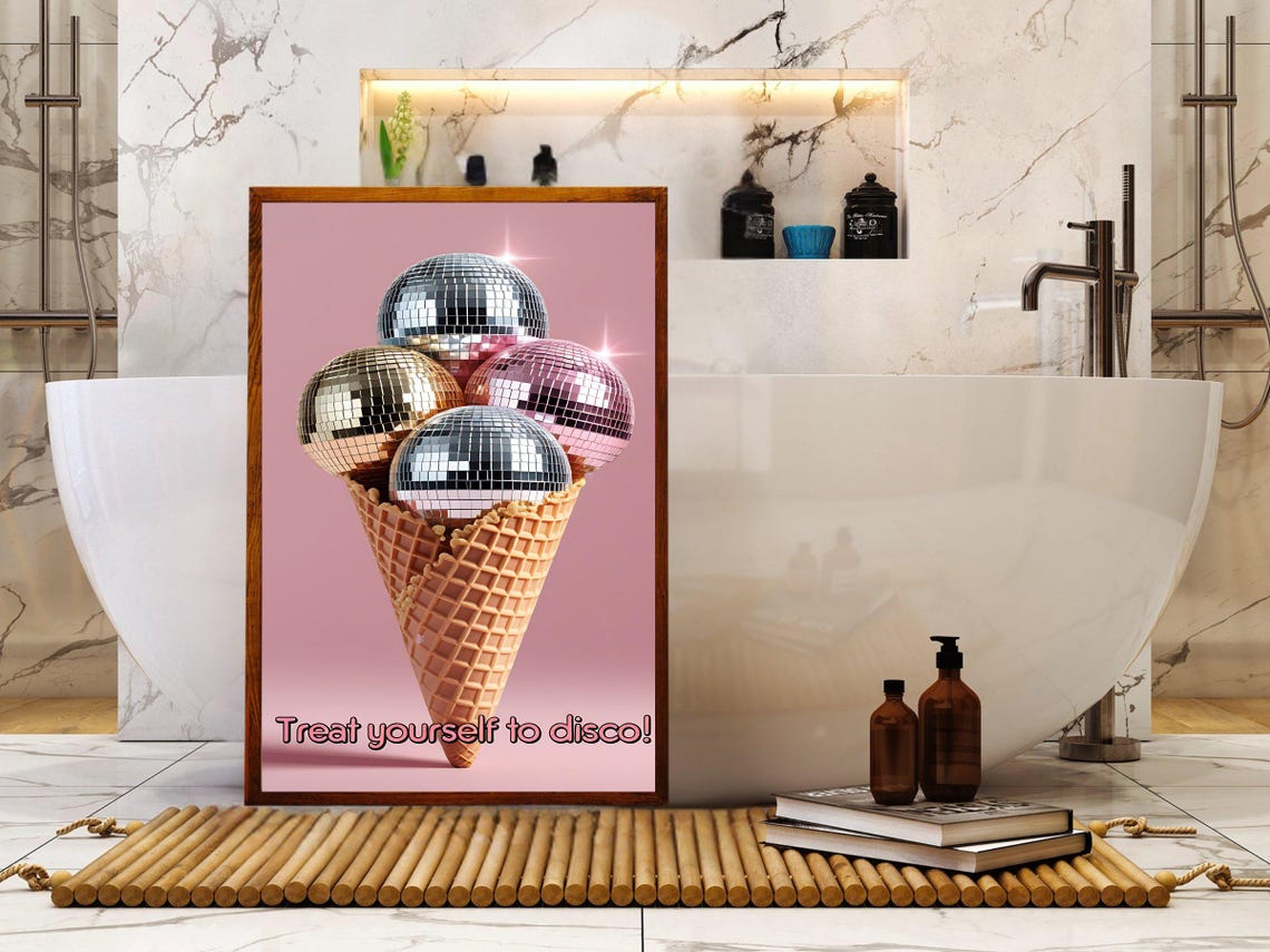 Disco Ball Ice Cream Cone Wall Art Fun Ice Cream Poster Disco Themed Room Decor Unique Wall Print Pop Art Style Home Decor Print - Image 2
