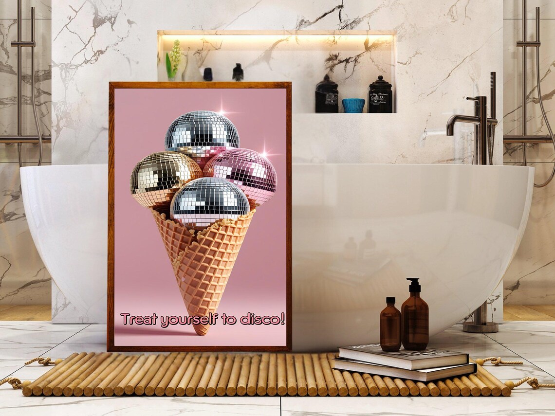 Ice Cream Cone With Disco Ball Scoops Treat Yourself Pink Poster - Image 2