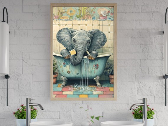 Quirky Elephant Relaxing in a Vintage Floral Clawfoot Bathtub Poster