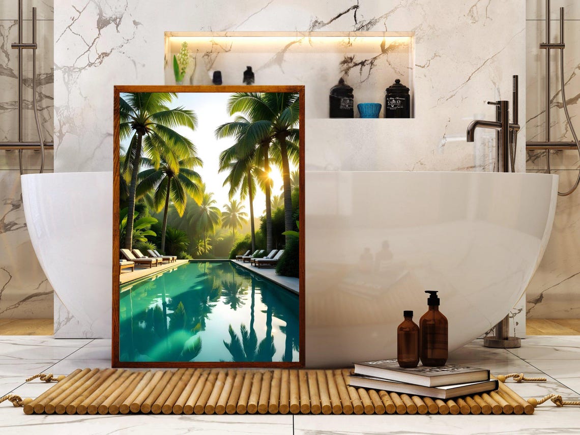 Tropical Resort Pool With Palm Trees Reflecting Sunrise Poster - Image 2