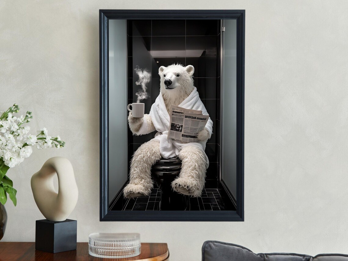 Polar Bear in a White Bathrobe With Coffee Reading the Newspaper Poster - Image 2
