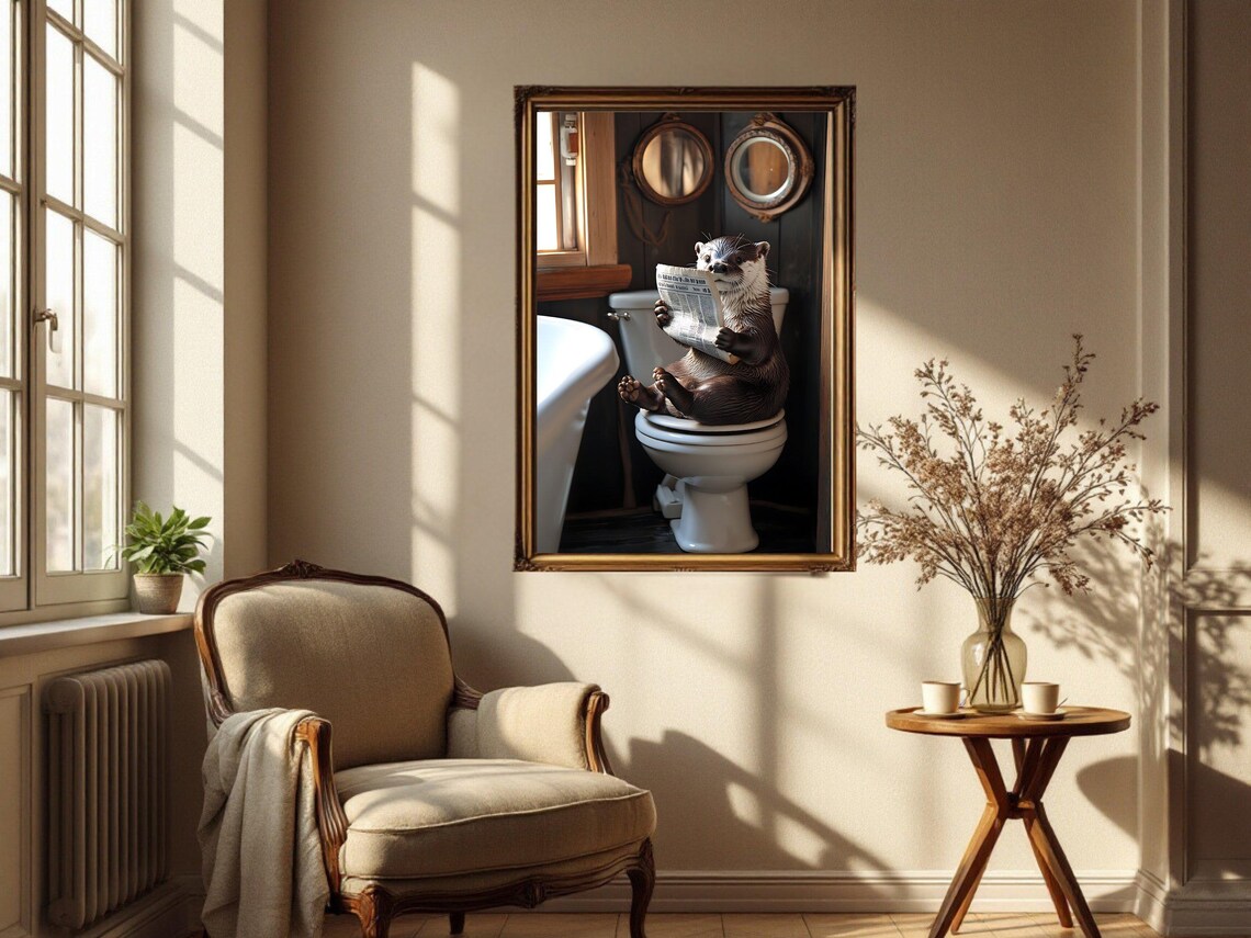 Otter Reading Newspaper On Toilet Funny Bathroom Animal Art Poster - Image 4