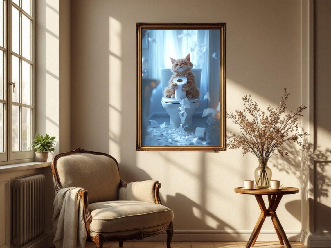 Playful Ginger Cat Shredding a Toilet Paper Roll Bathroom Poster - Image 4