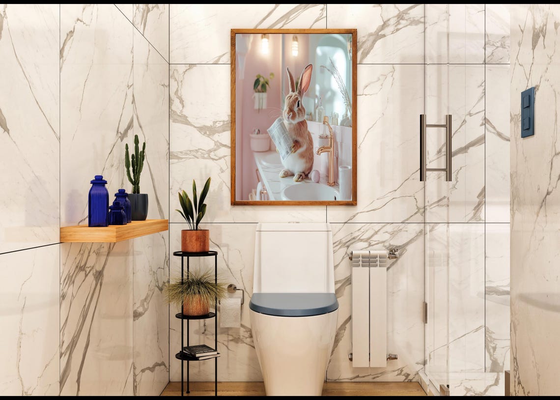 Bunny Reading the Newspaper in a Pink Bathroom Cute Animal Poster - Image 2