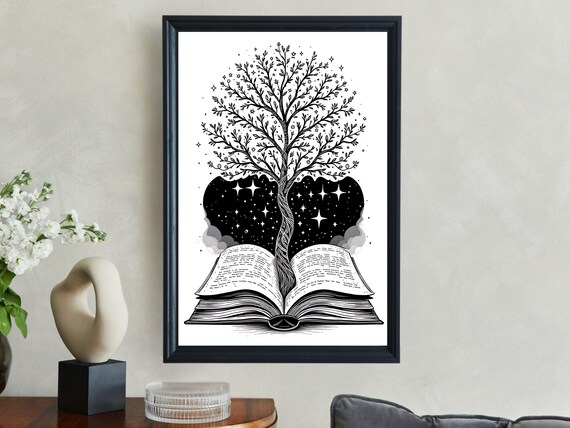 Tree Of Knowledge Wall Art Mystical Book And Stars Illustration Black And White Art Print Literary Home Decor Book Lovers Gift