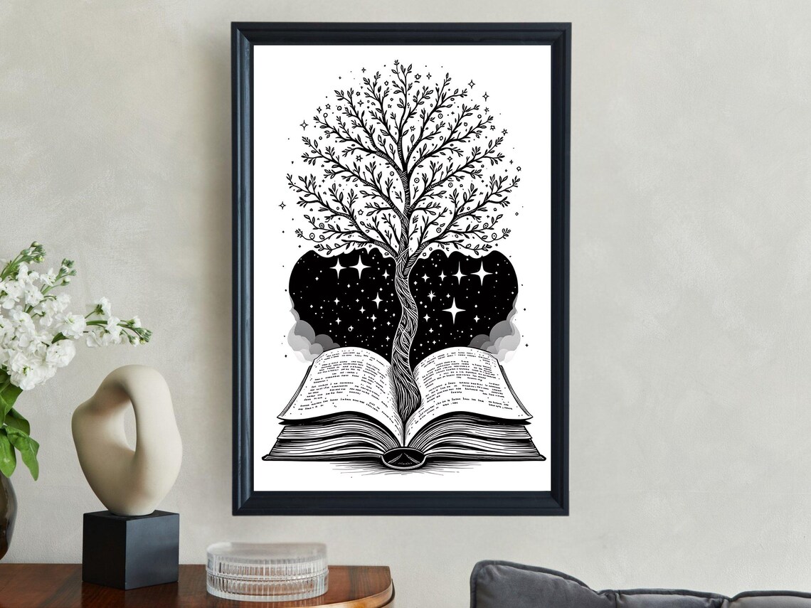 Tree Of Knowledge Wall Art Mystical Book And Stars Illustration Black And White Art Print Literary Home Decor Book Lovers Gift