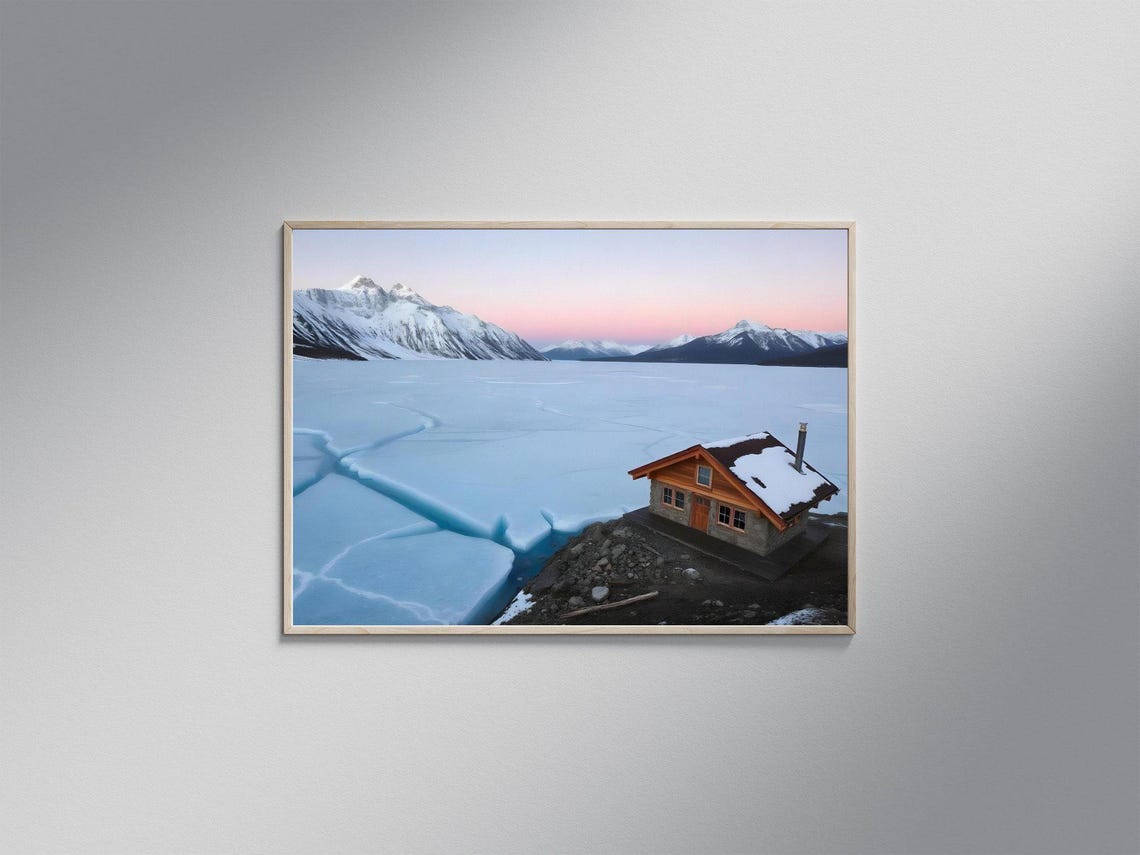 Rustic Log Cabin Beside a Frozen Lake at Dusk in Snowy Peaks Poster