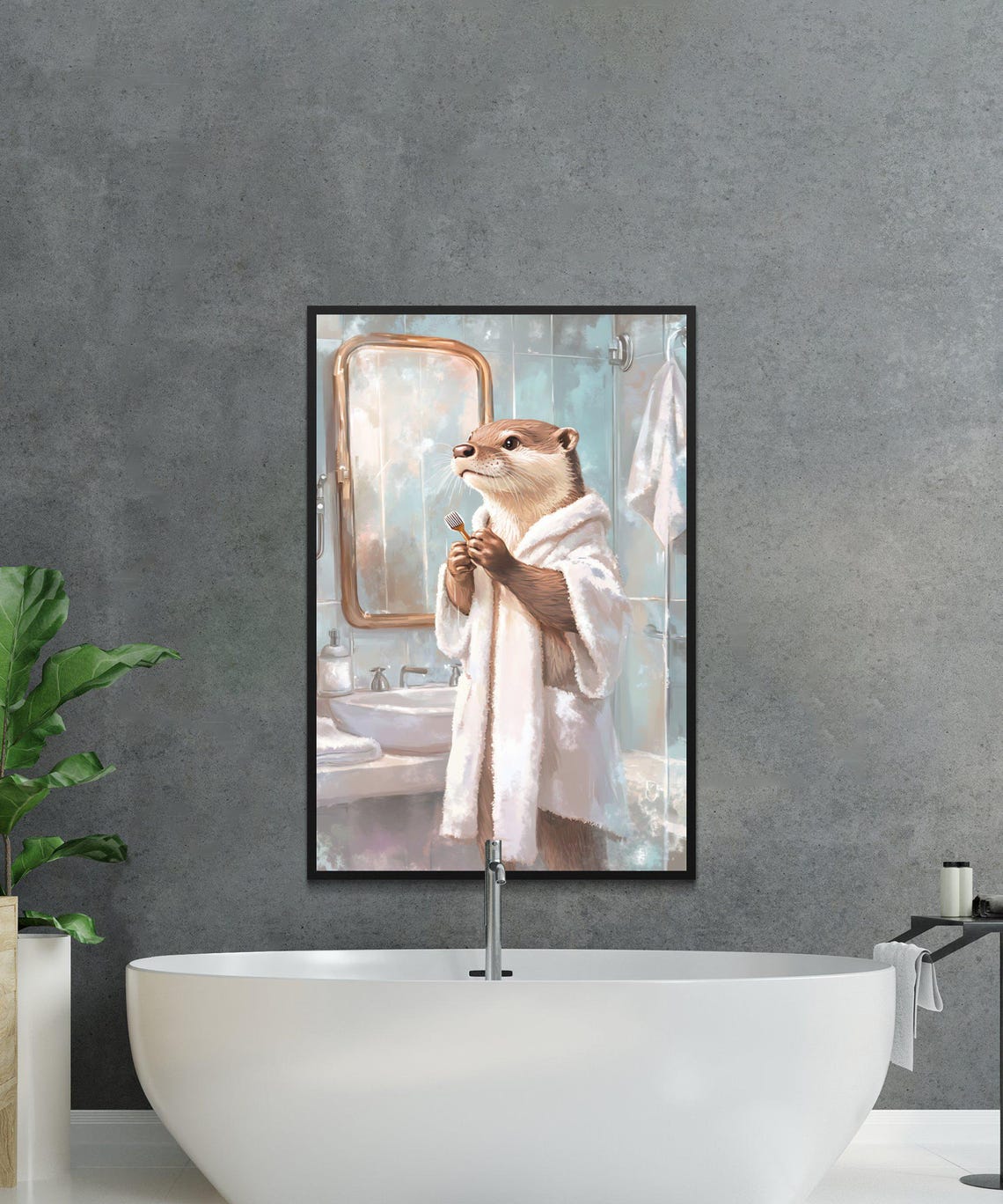Otter in a Bathrobe Brushing Teeth at a Bathroom Mirror Poster - Image 2