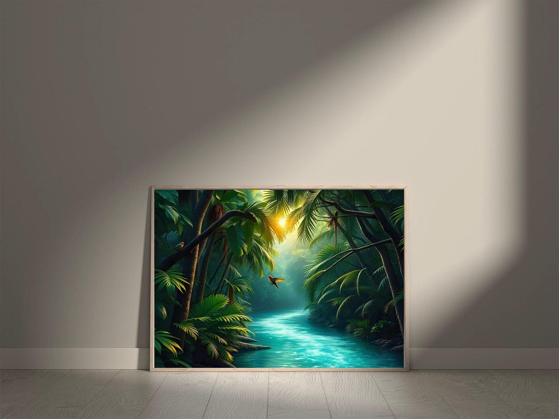Sunlit Tropical Jungle River with Birds in a Lush Green Forest Poster - Image 5