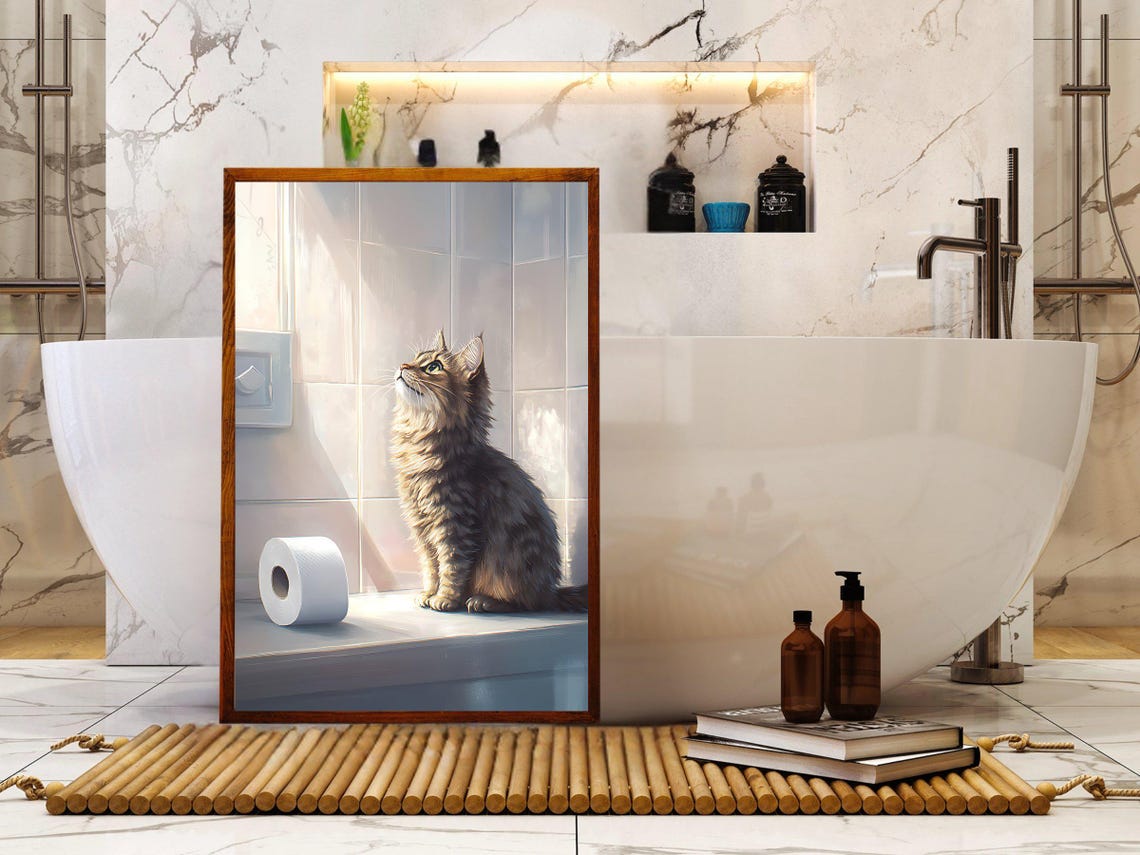Long Haired Cat Basking in Sunlight Beside Toilet Paper Poster - Image 5