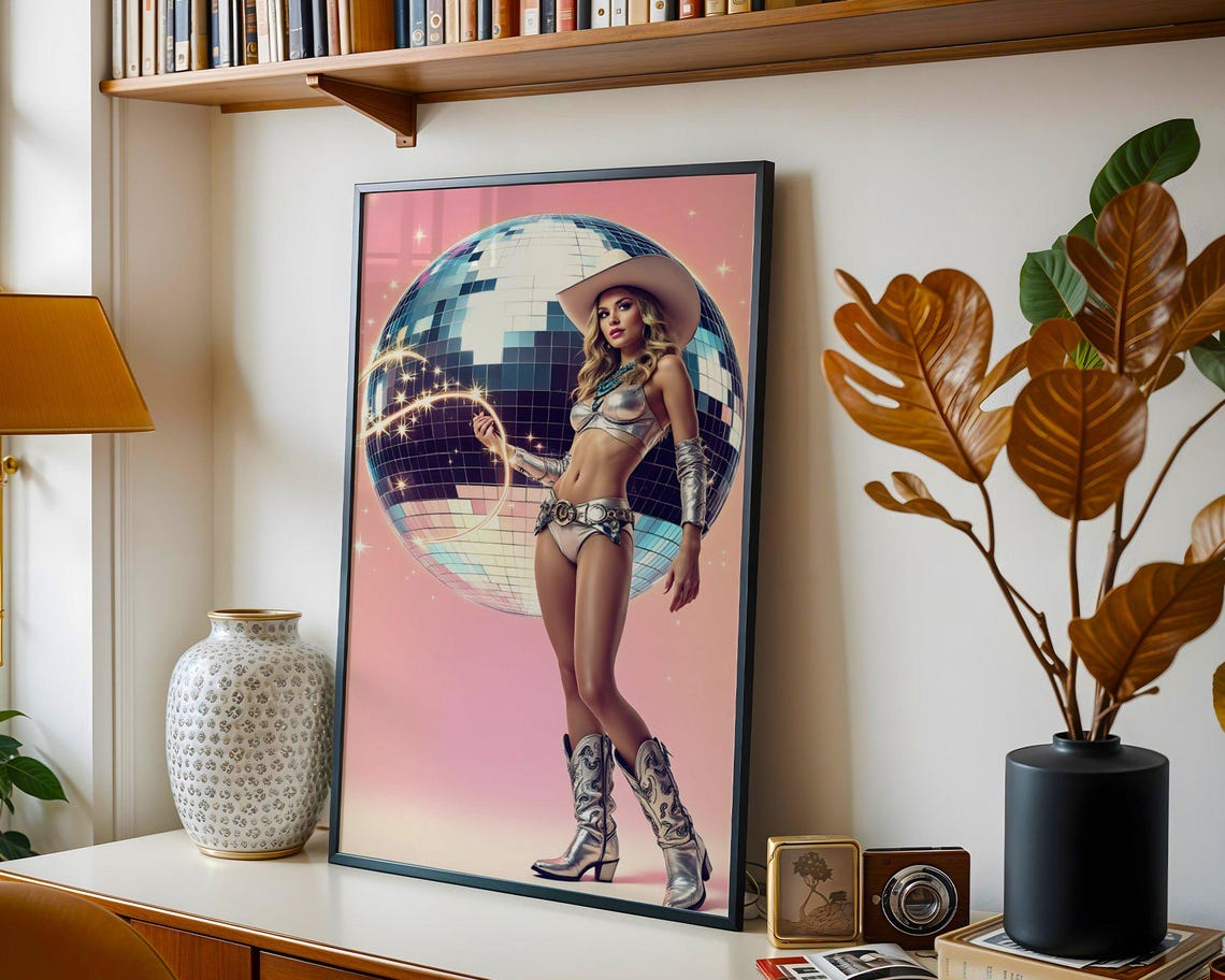 Retro Disco Cowboy Wall Art Space Cowboy Pinup Art Print Retro Glamour Poster Vintage Style Wall Decor Disco Ball Artwork - Image 5