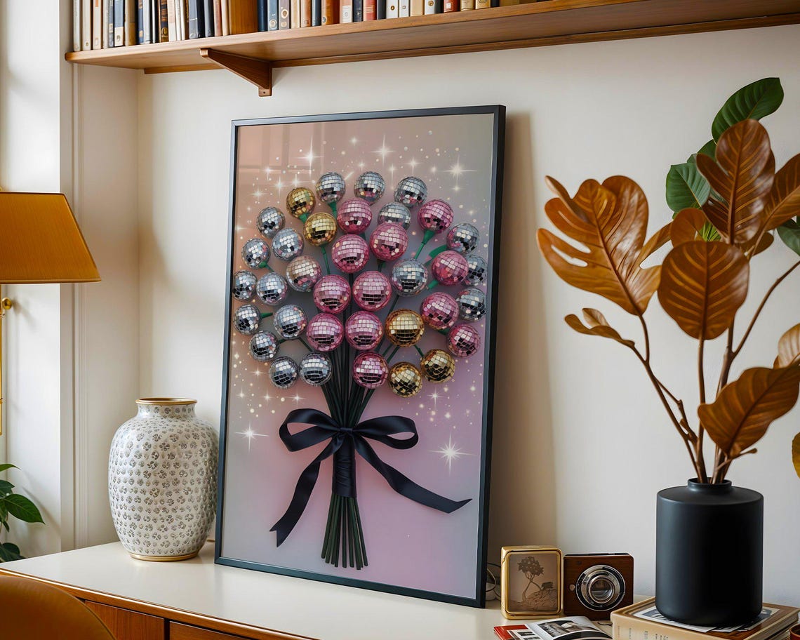 Disco Ball Flower Bouquet With Black Bow Sparkling Party Poster - Image 5