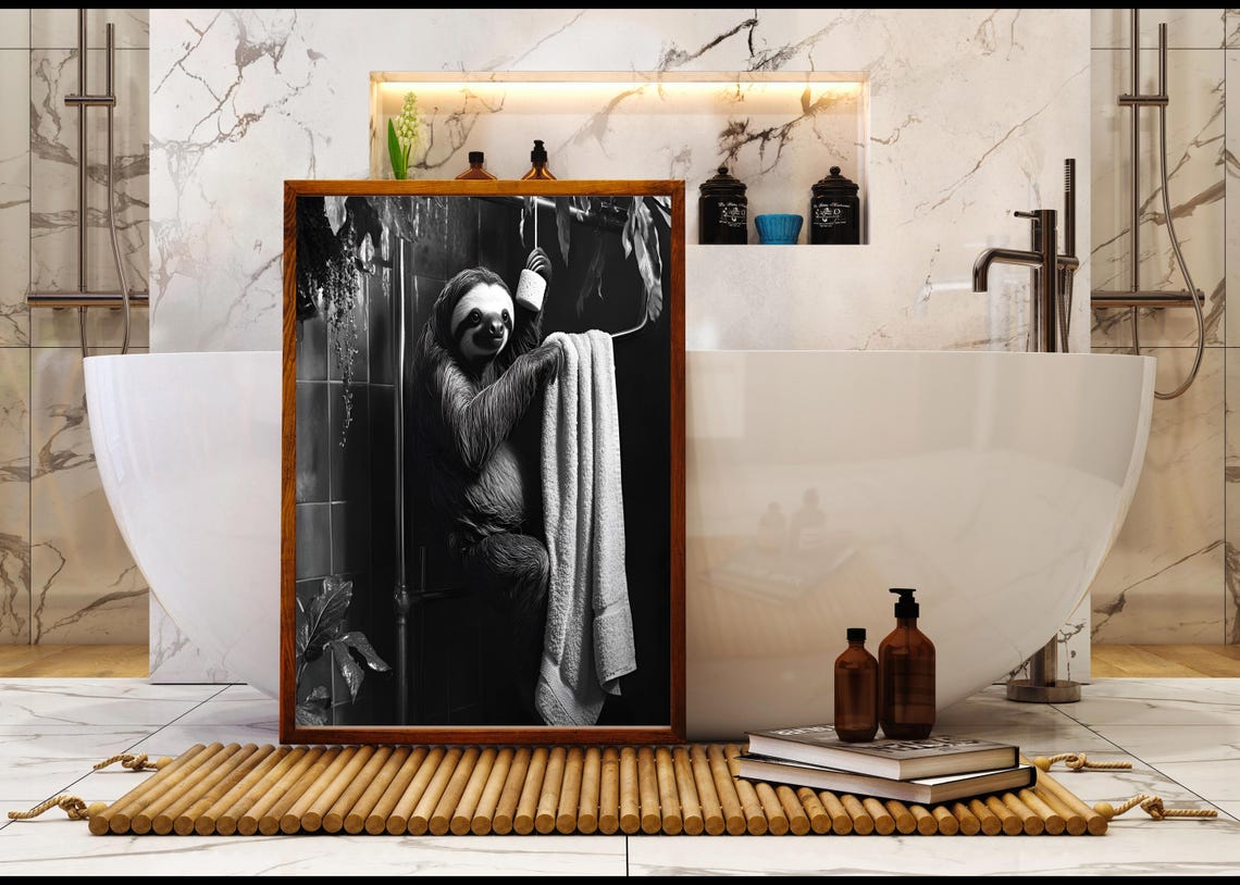 Sloth Hanging In Shower Holding Towel Black And White Poster - Image 5