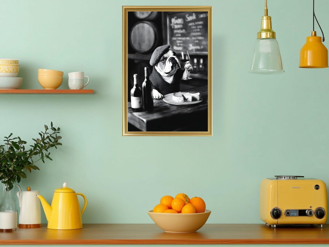 Bulldog in Beret Tasting Wine With Cheese Platter Bar Poster - Image 3
