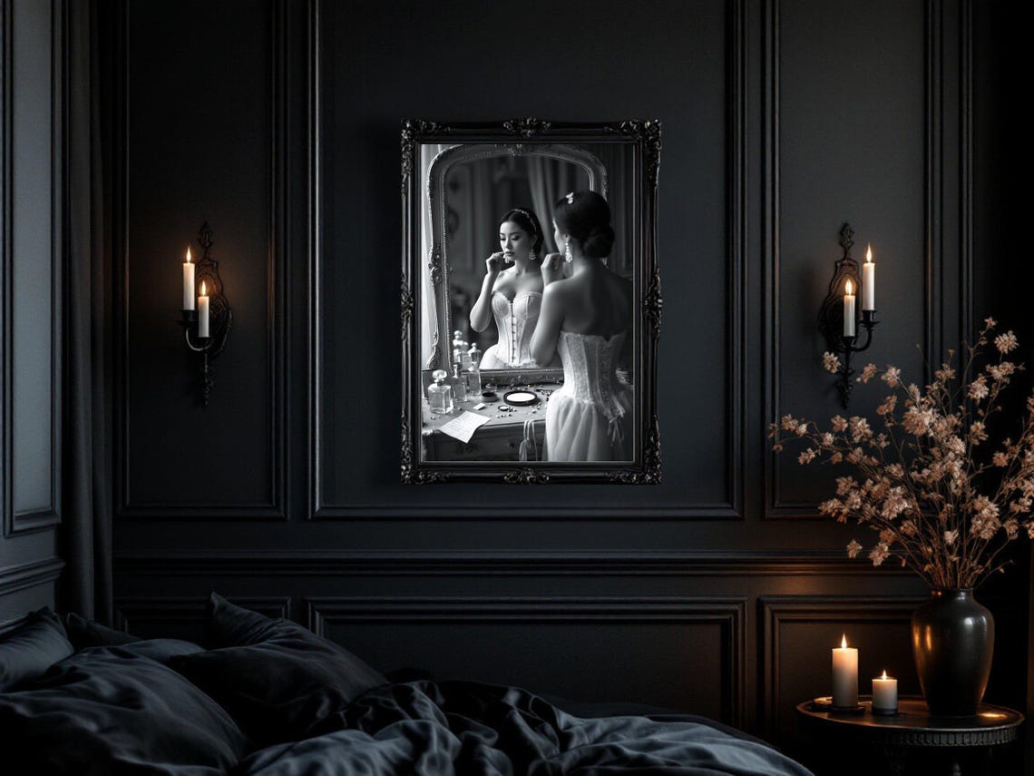 Woman In Corset At Vanity Mirror With Perfume Bottles Poster - Image 3