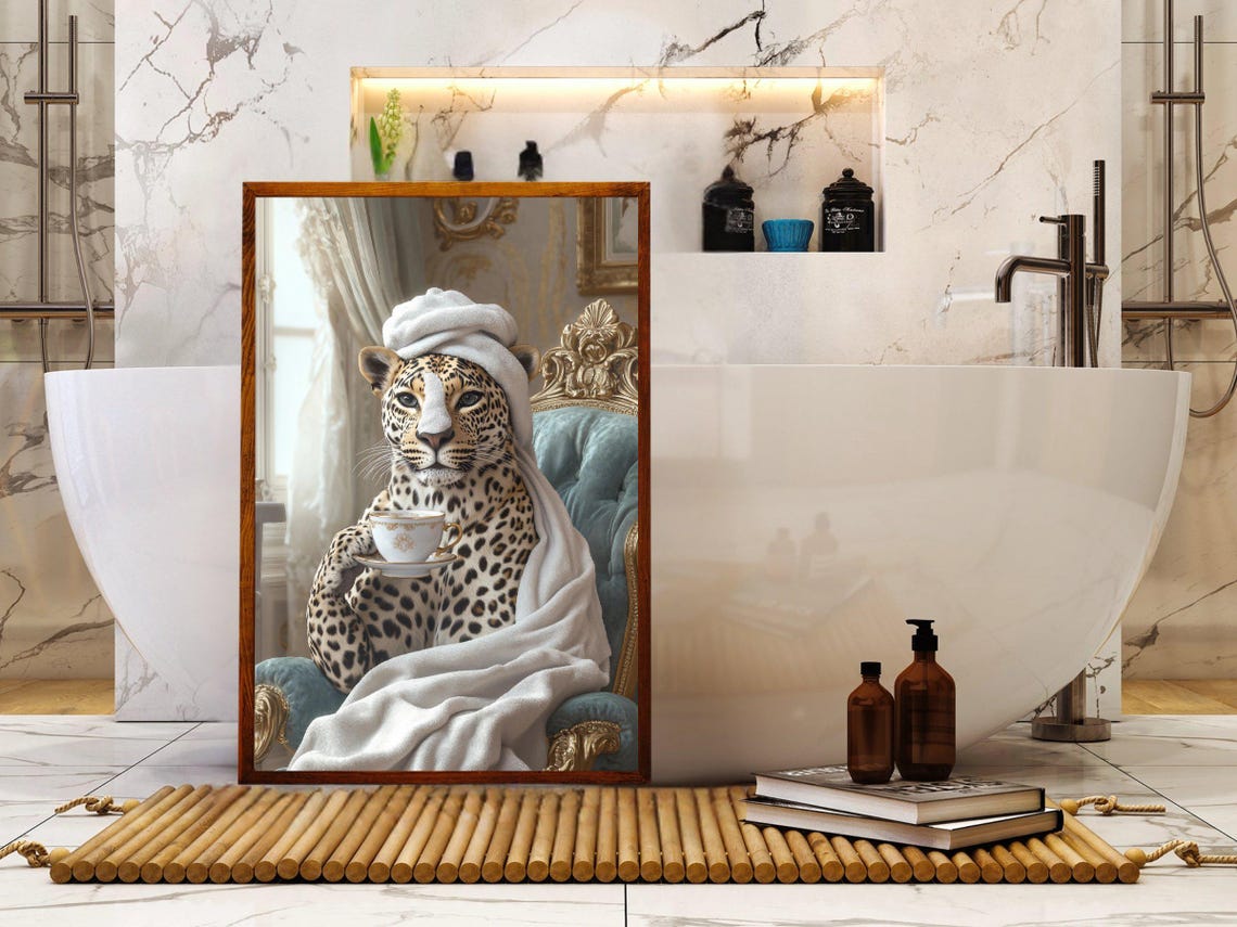 Leopard in a Towel Turban Sipping Tea on a Velvet Chair Poster - Image 5
