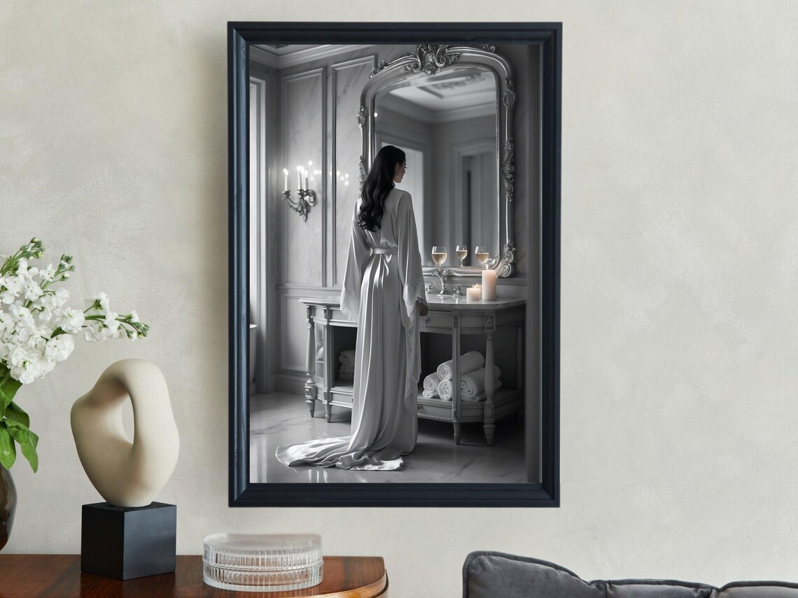 Woman in a Satin Robe Before an Ornate Mirror in Monochrome Poster - Image 4