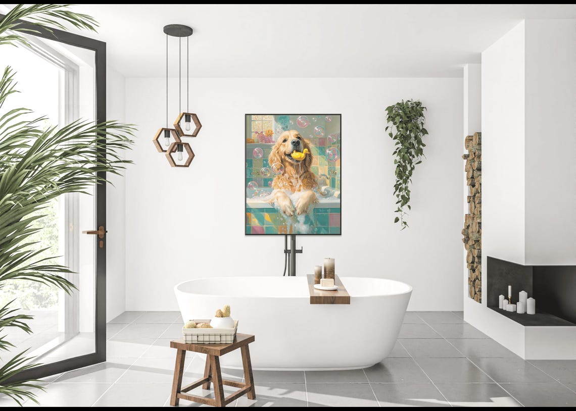 Golden Retriever Puppy In Bubble Bath Holding Rubber Duck Poster - Image 4