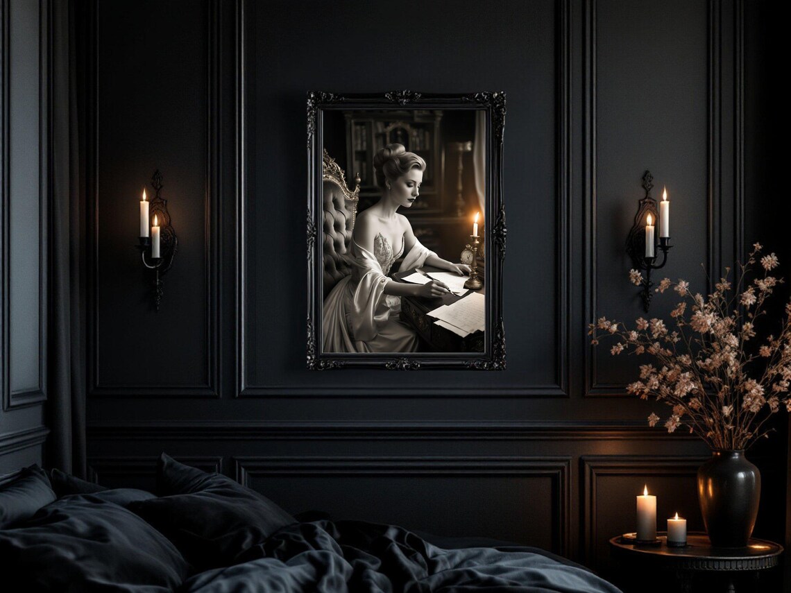 Woman in Satin Gown Writing Letters by Candlelight, Vintage Poster - Image 3