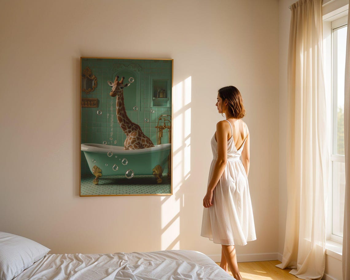Giraffe Standing in Bathtub With Bubbles Teal Bathroom Poster - Image 3
