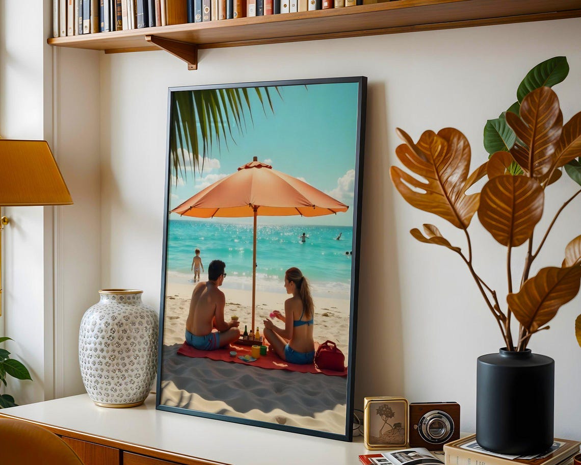 Couple Beach Picnic Under Bright Orange Umbrella Summer Day Poster - Image 3