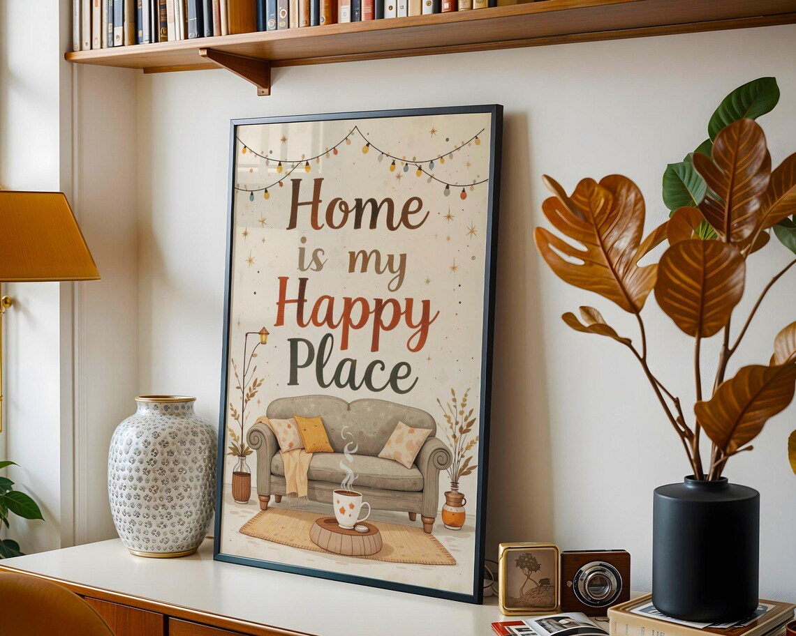 Home Is My Happy Place Cozy Sofa Living Room Warm Rustic Home Decor Wall Art - Image 3