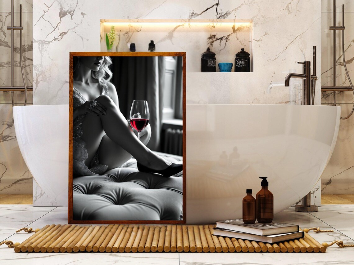 Woman in Lace Holding a Glass of Red Wine in Monochrome Poster - Image 5