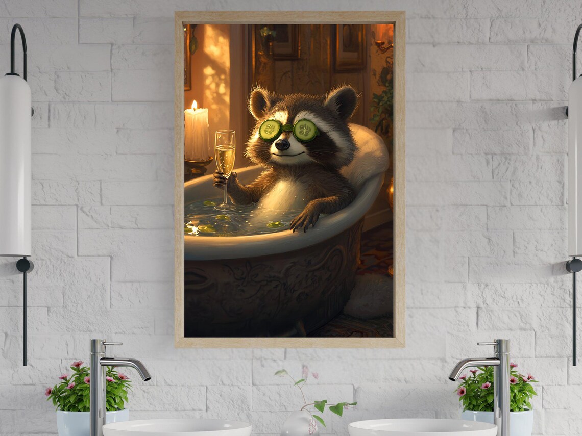 Raccoon Enjoying a Bubble Bath With Cucumber Slices and Champagne Poster