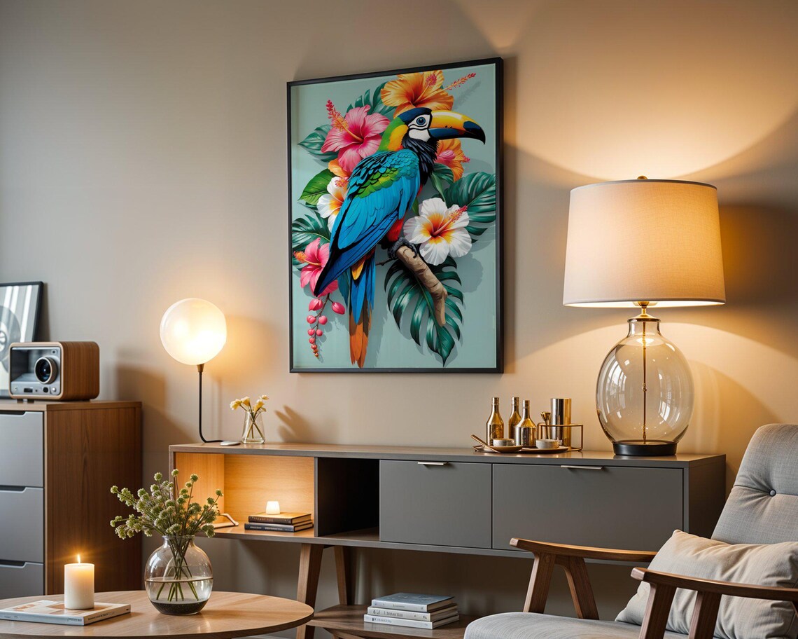 Colorful Toucan Among Hibiscus And Tropical Leaves Art Poster - Image 3