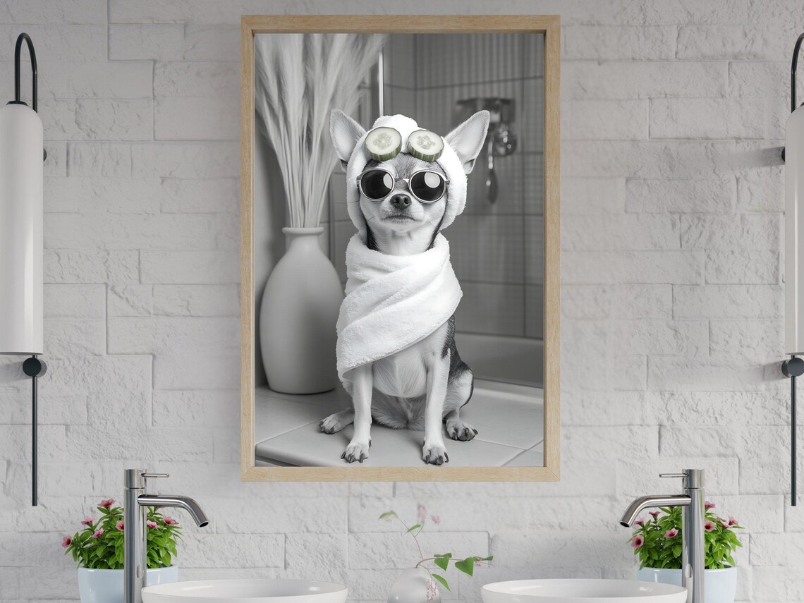 Chihuahua in a Towel Wearing Sunglasses With Cucumber Slices Poster