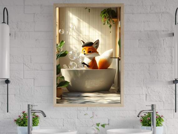 Cute Fox in Bubble Bath in Bright Sunlit Bathroom Art Poster