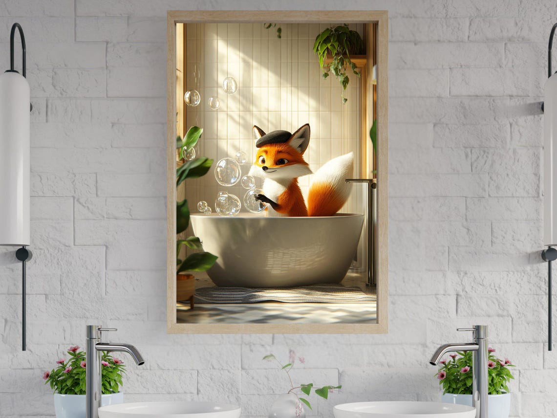 Cute Fox in Bubble Bath in Bright Sunlit Bathroom Art Poster