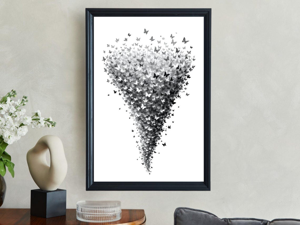 Black And White Butterfly Swarm Art Monochrome Butterfly Wall Decor Abstract Butterfly Print Butterfly Home Wall Decor