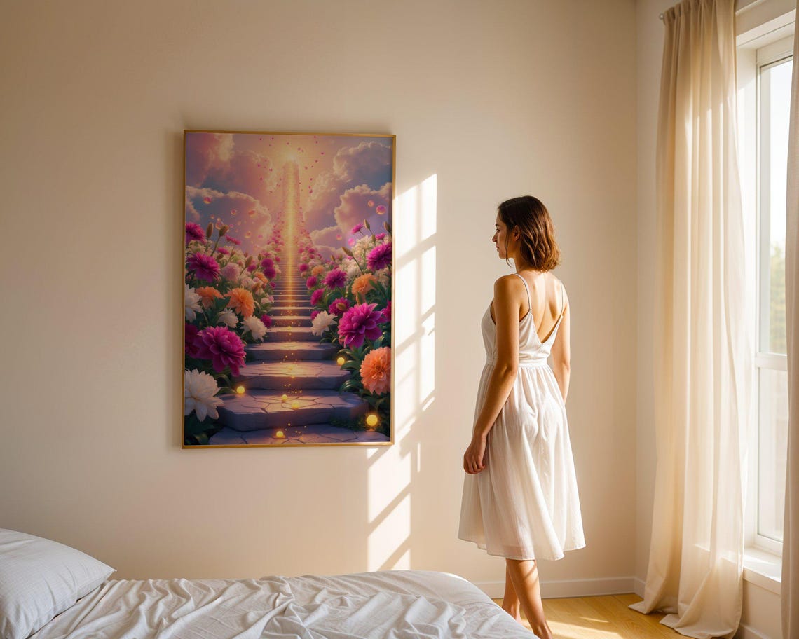 Flower Lined Staircase Rising Into Glowing Pink Clouds Poster - Image 4