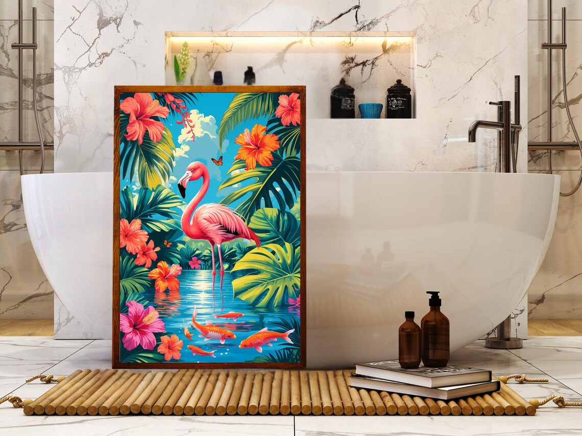 Pink Flamingo Tropical Pond Koi Fish Hibiscus Garden Art Print - Image 5