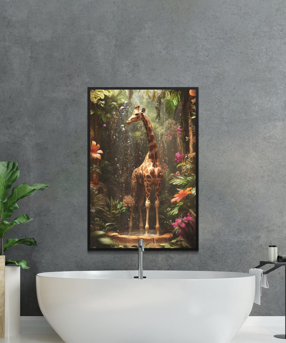Giraffe Showering Under a Waterfall in a Tropical Jungle Poster - Image 2