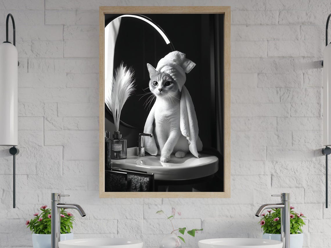 Cat With Towel Turban Sitting On Sink Black And White Animal Poster