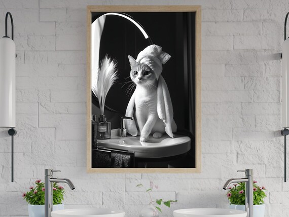 Cat With Towel Turban Sitting On Sink Black And White Animal Poster