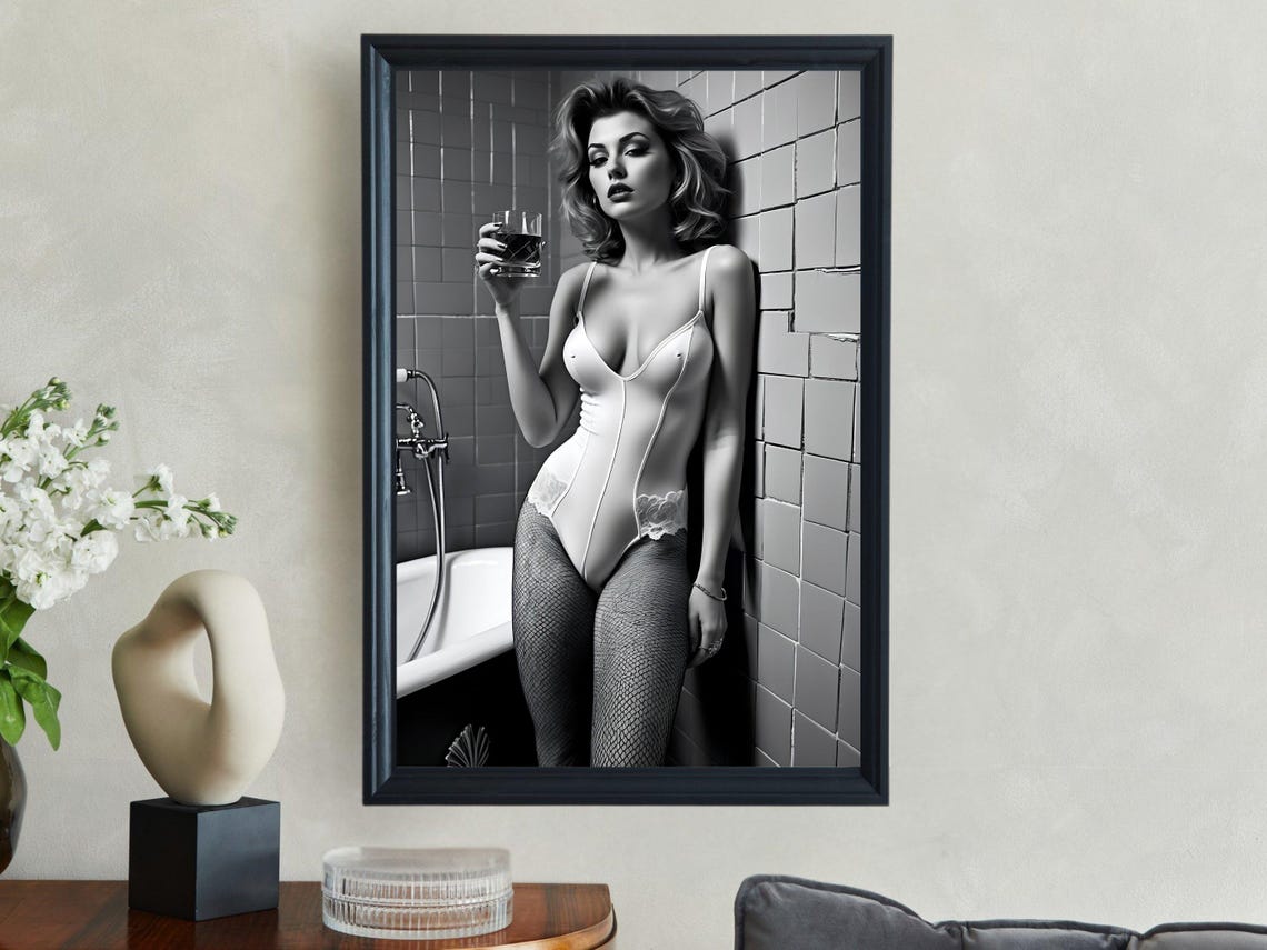 Confident Woman In Bodysuit And Fishnets Holding A Drink Poster - Image 4