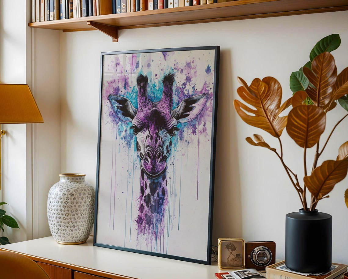Purple Giraffe Watercolor Portrait in Splash Paint Art Poster - Image 2