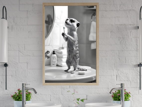 Cute Meerkat Wall Art Print Meerkat Brushing Teeth Art Funny Animal Bathroom Decor Black And White Artwork Childrens Room Decor
