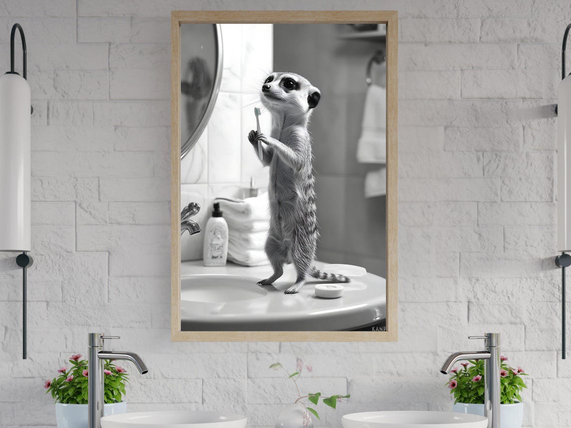 Cute Meerkat Brushing Its Teeth While Standing on the Sink Poster