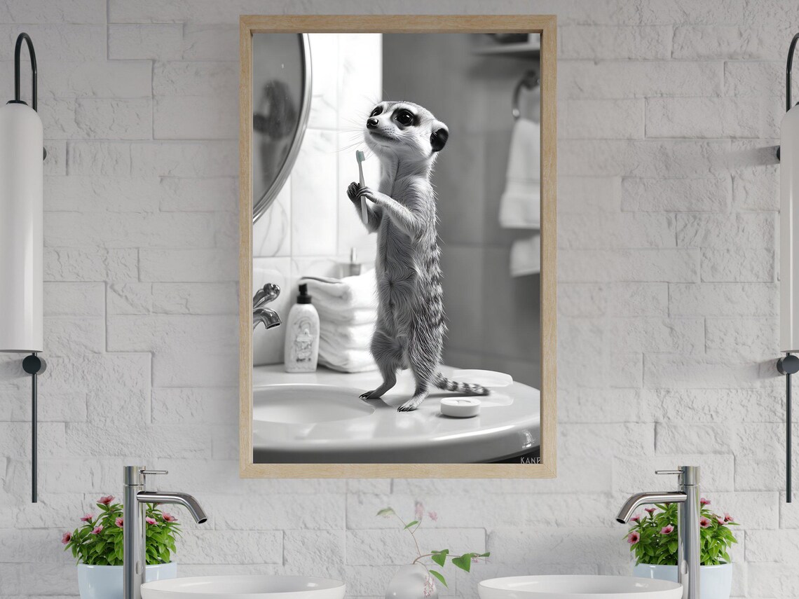 Cute Meerkat Wall Art Print Meerkat Brushing Teeth Art Funny Animal Bathroom Decor Black And White Artwork Childrens Room Decor
