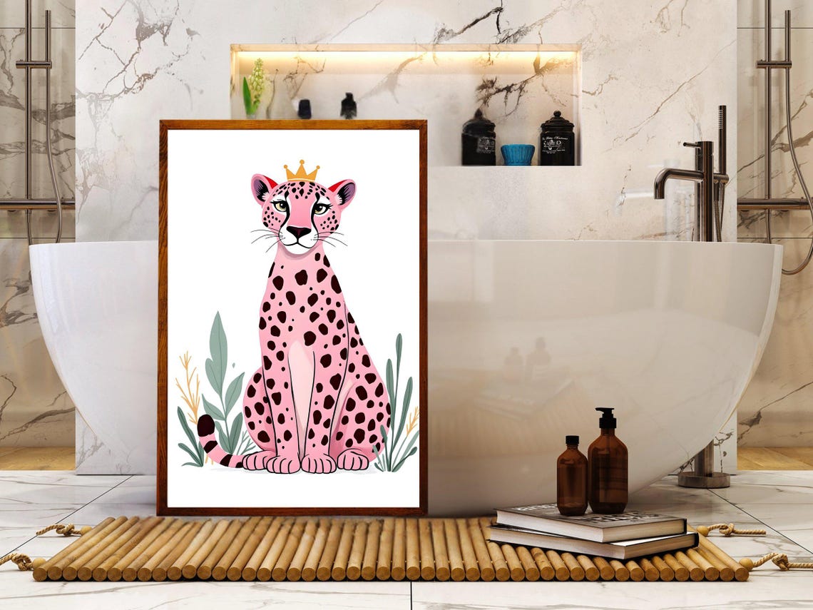 Pink Leopard with Gold Crown Sitting Among Leaves Nursery Poster - Image 2
