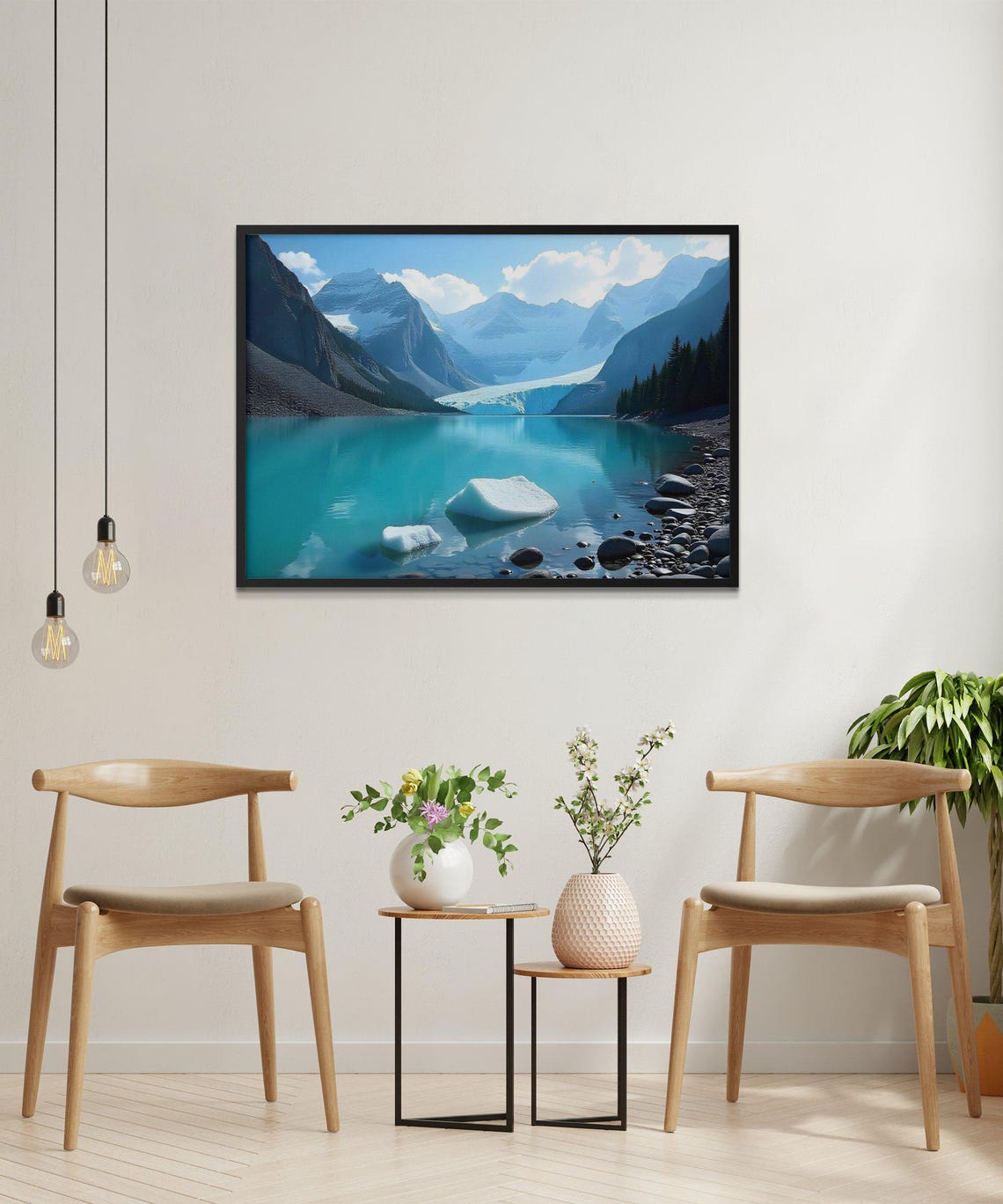 Glacial Lake with Floating Ice Chunks and Snowy Peaks Beyond Poster - Image 2