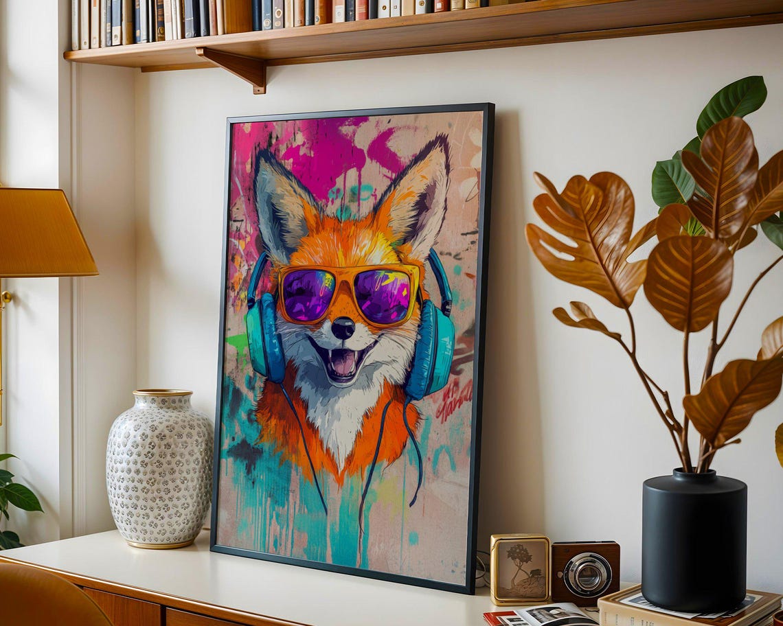 Cool Fox Wearing Sunglasses and Headphones Graffiti Art Poster - Image 2