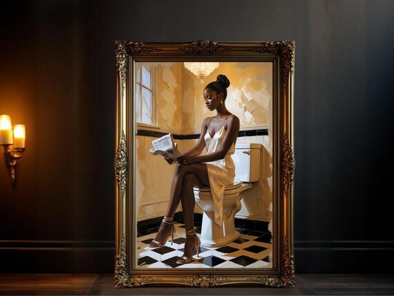 Elegant Woman Reading Newspaper on Toilet, Chic Bathroom Poster