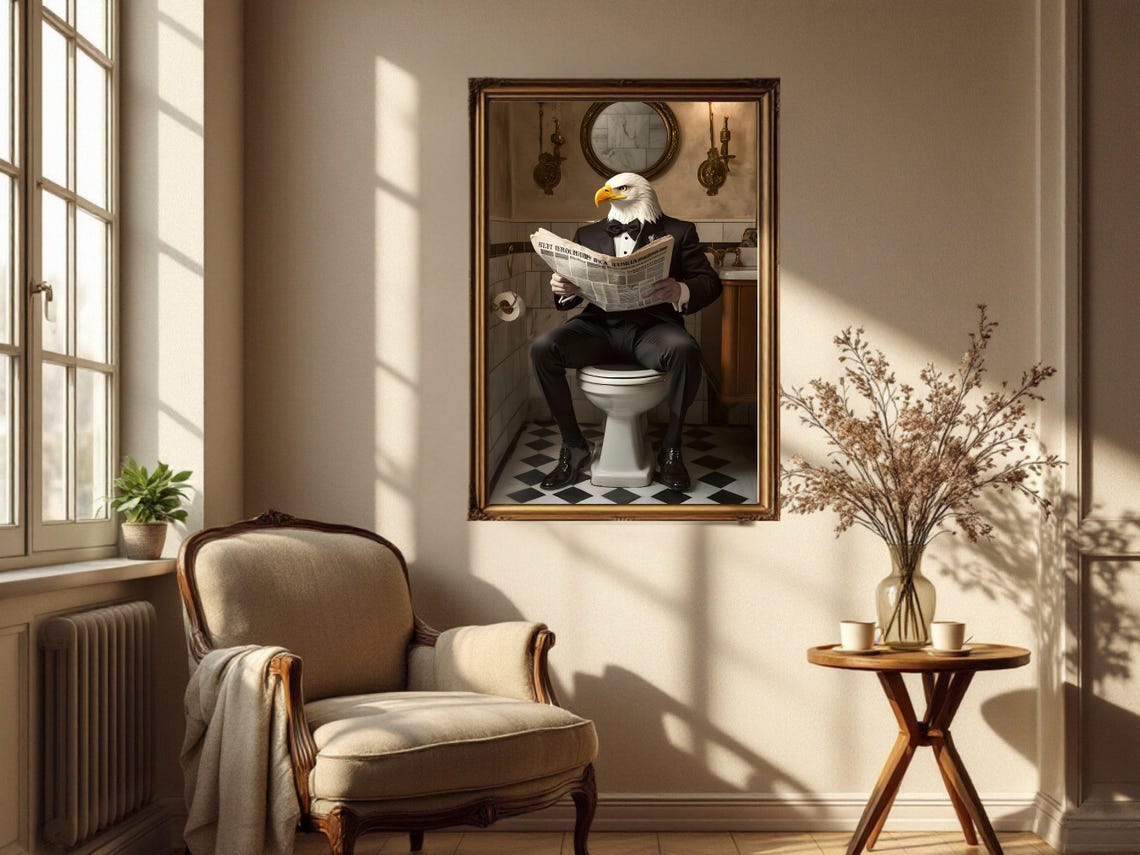 Bald Eagle In Tuxedo Reading Newspaper Funny Bathroom Animal Poster - Image 4