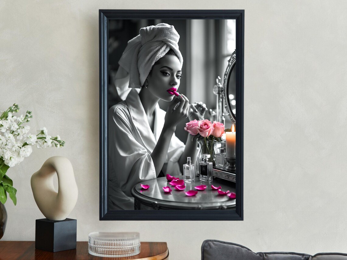 Woman in a Towel Turban Applying Pink Lipstick at a Vanity Poster - Image 4